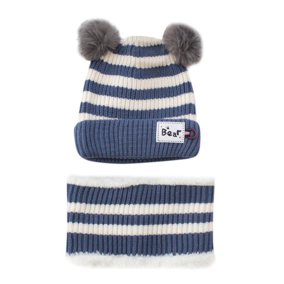 Infant Baby Blue Striped Winter Hat & Ring Scarf Set - Picture 3 of 16